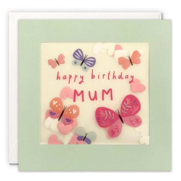 A Mum birthday card featuring an image of pretty butterflies. The message on the front reads 'Happy Birthday Mum'. The image is printed on translucent paper, showing cream paper confetti hearts behind. The confetti moves around when you shake the card.. The card is grey