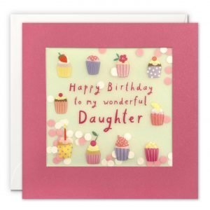 A Daughter birthday card featuring an image of colourful cupcakes. The message on the front reads 'Happy Birthday to my wonderful daughter'. The image is printed on translucent paper, showing cream paper confetti dots behind. The confetti moves around when you shake the card.. The card is pink