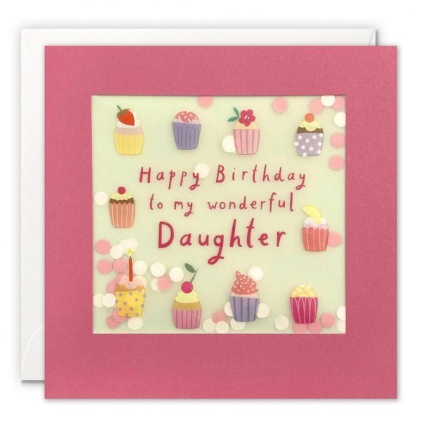 A Daughter birthday card featuring an image of colourful cupcakes. The message on the front reads 'Happy Birthday to my wonderful daughter'. The image is printed on translucent paper, showing cream paper confetti dots behind. The confetti moves around when you shake the card.. The card is pink