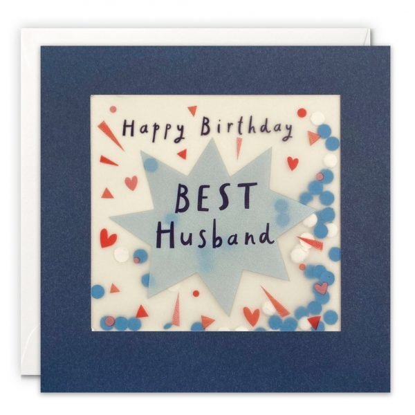 A Husband birthday card featuring an exploding star image with 'Happy Birthday Best Husband' printed in the middle of the star. The image is printed on translucent paper, showing cream paper confetti dots behind. The confetti moves around when you shake the card. The card is blue