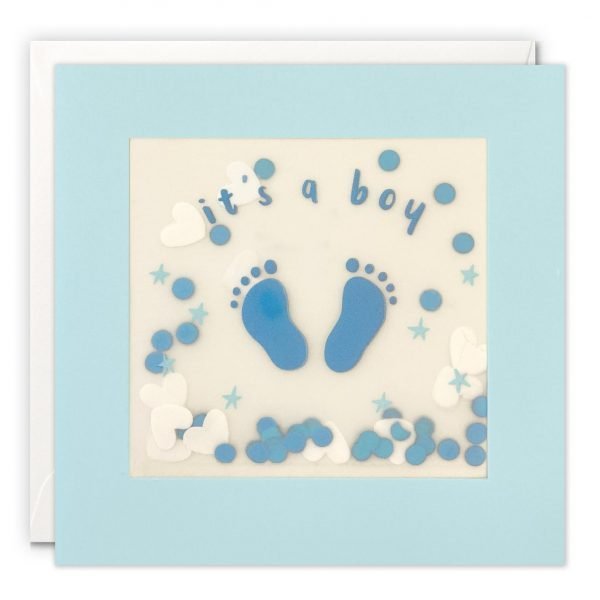 A new baby boy card with an image of two blue foot prints and "it's a boy" printed over the top, on a blue background printed on translucent paper with colourful confetti behind