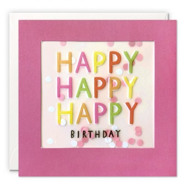 A birthday card with Happy Happy Happy Birthday printed in brightly coloured letters on translucent paper. Behind the paper are colours dots confetti