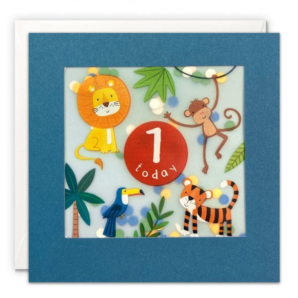 An age 1 birthday card with an image of a group of colourful jungle animals, including a lion, a tiger, a monkey and a toucan, and jungle plants. The words '1 today' are written in a red circle in the centre of the design. The image is printed on translucent paper, showing coloured confetti dots behind. The confetti moves around when you shake the card