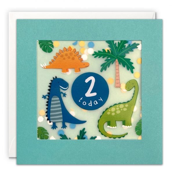 An age 2 birthday card with an image of a group of colourful dinosaurs, and jungle plants. The words '2 today' are written in a blue circle in the centre of the design. The image is printed on translucent paper, showing coloured confetti dots behind. The confetti moves around when you shake the card. The card is blue