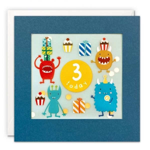 An age 3 birthday card with an image of a group of colourful monsters and birthday presents. The words '3 today' are written in a yellow circle in the centre of the design. The image is printed on translucent paper, showing coloured confetti dots behind. The confetti moves around when you shake the card. The card is blue