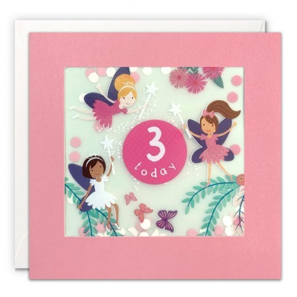 An age 3 birthday card with an image of a group of pretty fairies and butterflies and plants. The words '3 today' are written in a pink circle in the centre of the design. The image is printed on translucent paper, showing coloured confetti dots behind. The confetti moves around when you shake the card. The card is bpink