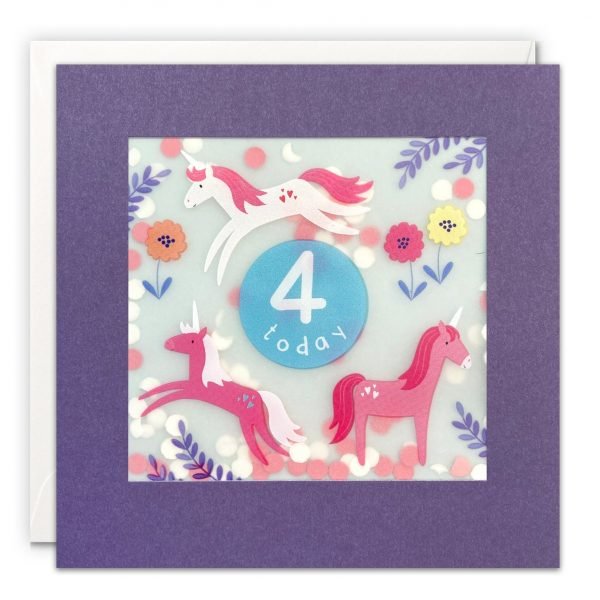 An age 4 birthday card with an image of a group of colourful unicorns and flowers. The words '4 today' are written in a blue circle in the centre of the design. The image is printed on translucent paper, showing coloured confetti dots behind. The confetti moves around when you shake the card. The card is purple