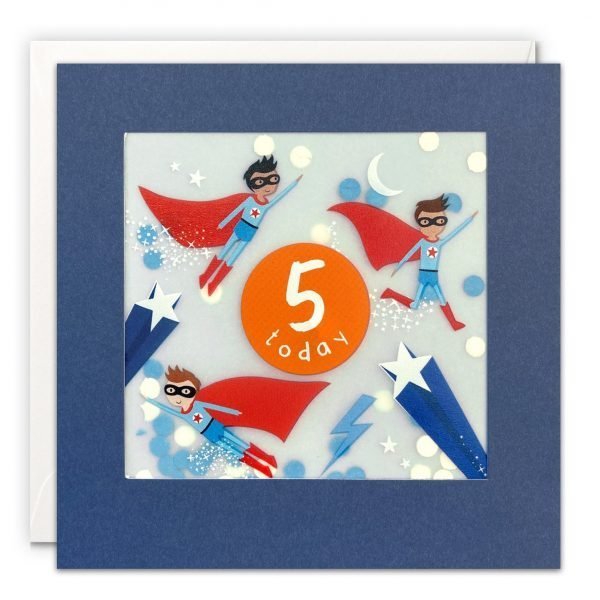 An age 5 birthday card with an image of super heros and stars. The words '5 today' are written in an orange circle in the centre of the design. The image is printed on translucent paper, showing coloured confetti dots behind. The confetti moves around when you shake the card. The card is blue