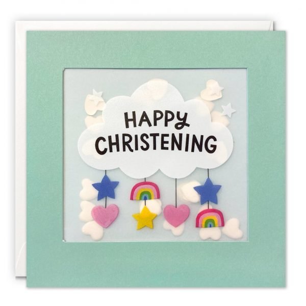 A christening card featuring colourful hearts, rainbows and stars hanging from a white cloud. The message on the front reads 'Happy Christening'. The image is printed on translucent paper, showing cream paper confetti hearts behind. The confetti moves around when you shake the card.. The card is turquoise