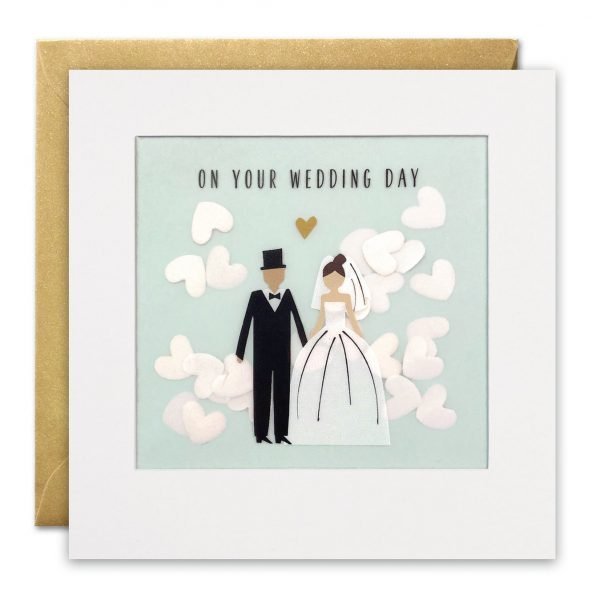 A wedding card with an image of a a bride and groom on a pale blue background. The words 'on your wedding day' are printed on the front. The image is printed on translucent paper, showing white confetti hearts behind. The confetti moves around when you shake the card. The card is white