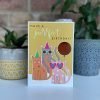 A card with a yellow background and an image of 3 ccts on it wearing party hats and one with a balloon on its tail. The words Have a Purrfect Birthday printed on it.