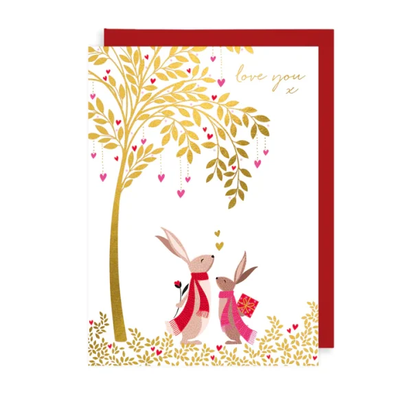 This card features two rabbits holding gifts under a golden tree. The card reads 'Love you x'.
