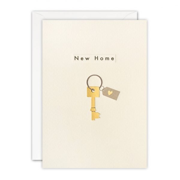 A new home card featuring a single key on a key ring with a heart motif. The key and the heart are foiled in gold. The text on the front of the card sits in a debossed rectangle and reads 'New Home'.