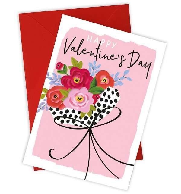 A lovely Valentine's Day card with a pale pink backgrouund and huge colourful bouquet of flowers with the words Happy Valentine's Day printed above it.