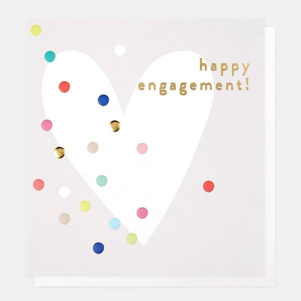 An engagement card with a big white heart on a grey background and multi coloured metallic dots all over the heart happy engagement in gold