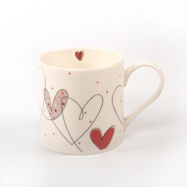 A gorgeous china mug with an image of contemporary hearts all over it.