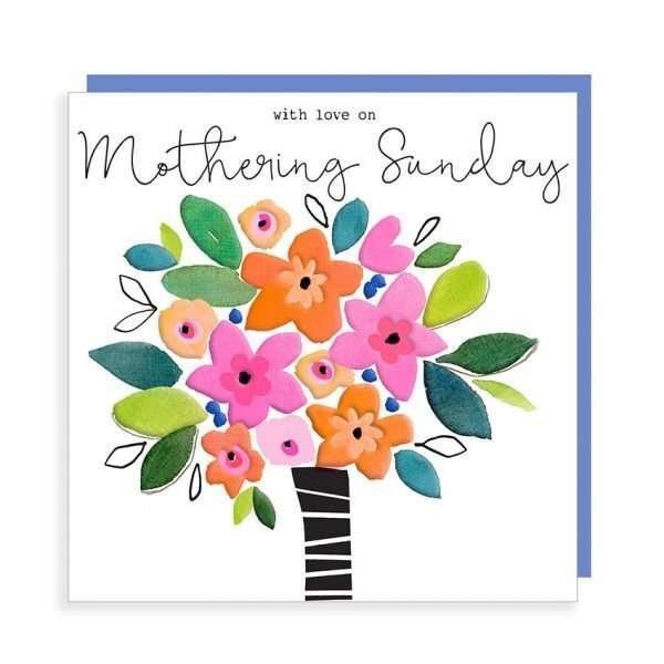 A gorgeous square card with a black and white striped vase with lots of colourful flowers in it. The words With Love on Mothering Sunday printe on it.