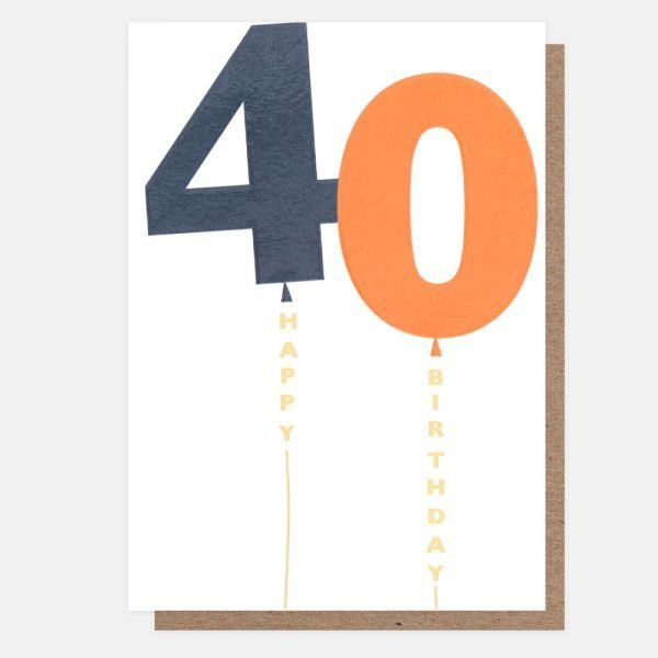 A 40th birthday card with a giant 40 balloons 4 in black and 0 in orange
