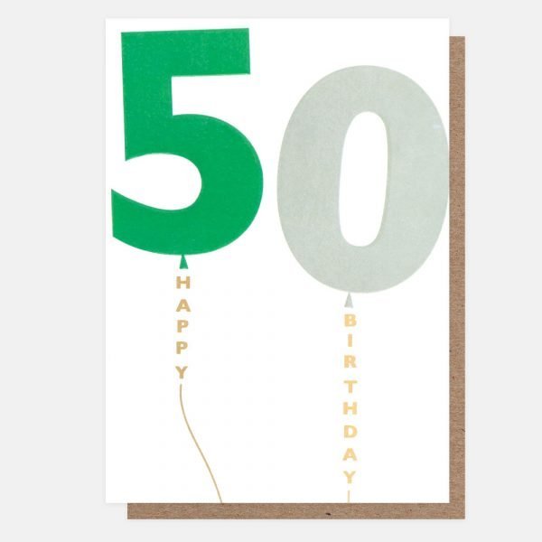 A 50th Birthday card with a big 50 5 in green and 0 in grey, Happy birthday in gold