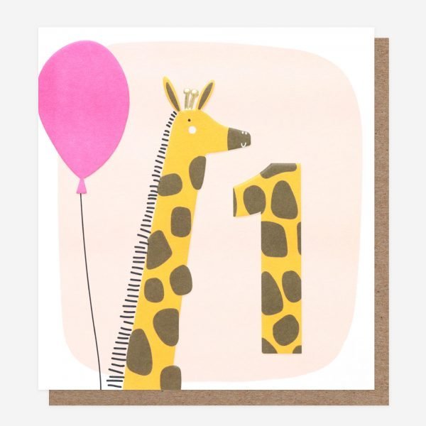 A 1st birthday card with an illustration of a giraffe with a pink balloon on a pale pink background and a Number 1 in giraffe print