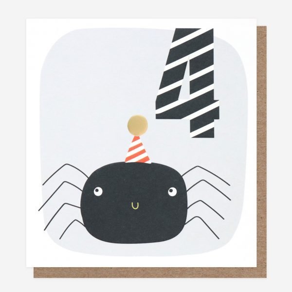 A 4th birthday card with an illustration of a spider in a party hat with a large number 4 in black and white stripes