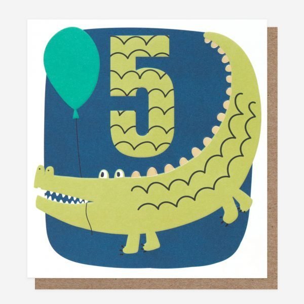 A 5th birthday card with an illustration of a crocodile and a balloon and a big scaley number 5