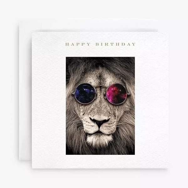 Lion In Shades Birthday Card. A square white card with a black and white photograph of a handsome lion wearing round colourful sunglasses. The caption reads "Happy Birthday"