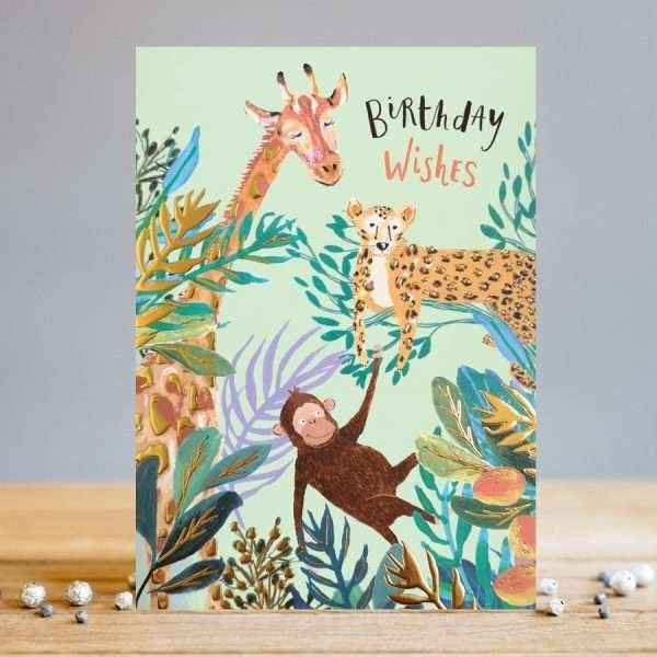 A lovely card from designer Louise Tiler with an image of a leopard, a giraffe and a monkey in the trees in the jungle. The words Birthday Wishes are printed at the top of it.