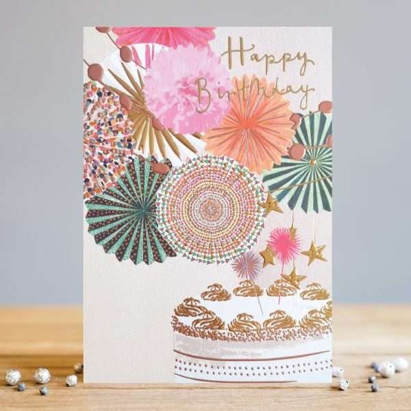 A lovely card from designer Louise Tiler with an image of a birthday cake surrounded by colourful fans