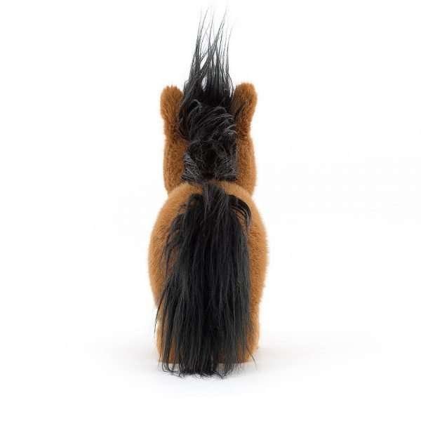 Clip Clop Bay Pony is a cute cuddly pony from Jellycat. He has a brown body with a white diamond on his nose. The pony has a black fluffy mane and tail.