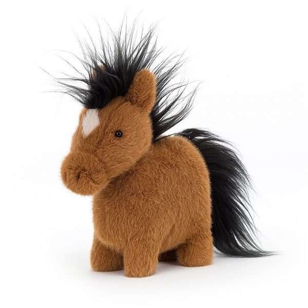 Clip Clop Bay Pony is a cute cuddly pony from Jellycat. He has a brown body with a white diamond on his nose. The pony has a black fluffy mane and tail.
