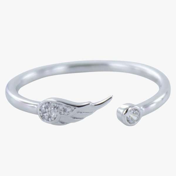 A sterling silver open ring with an angel ring set with pavé cubic zirconia on one end and a single circular stone on the other