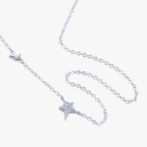 A sterling silver necklace with a pavé star and a smaller silver star. 16 to 18