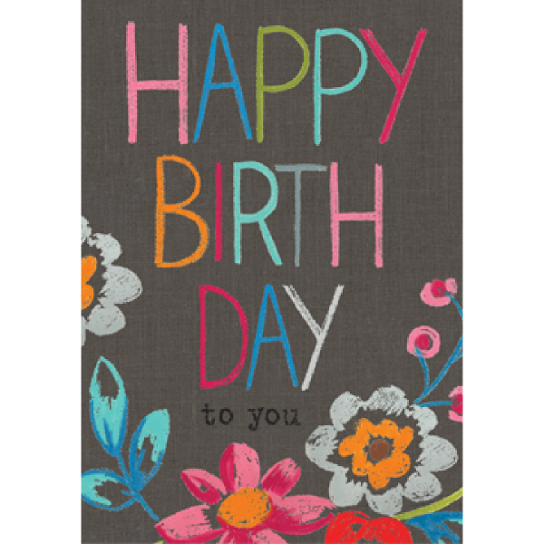 A sweet card with a daark coloured background and a flower design which has a colourful chalk effect. The words Happy Birthday with love are also written on the card