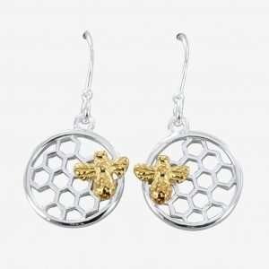 A special pair of sterling silver honeycomb design earrings with a hook fastening and little gold plated bee design.