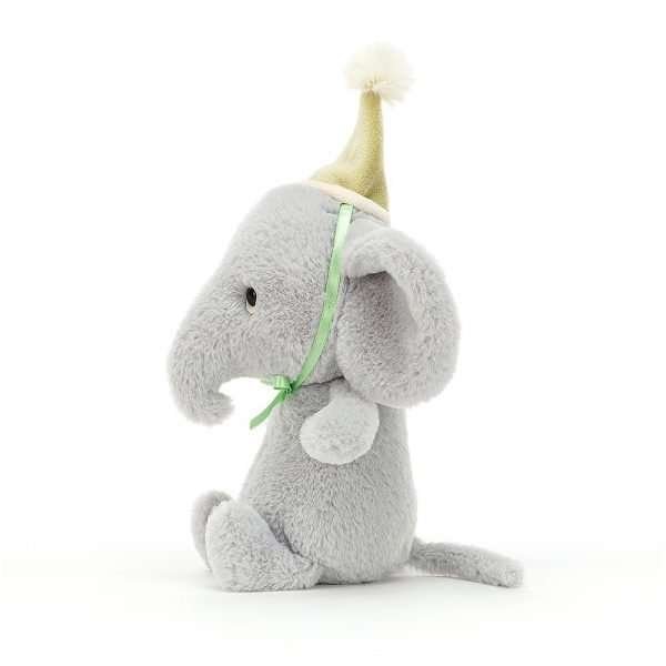 A sweet Jollipop Elephant with huge floppy ears and he is wearing a sweet green pointed party hat that is tied around his head.