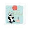 A birthday card with a cute panda holding a red balloon sitting by a birthday cake