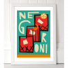 An A3 print with a bright blue background and 3 tumbler glasses on it with the words Negroni printed in white lettering.
