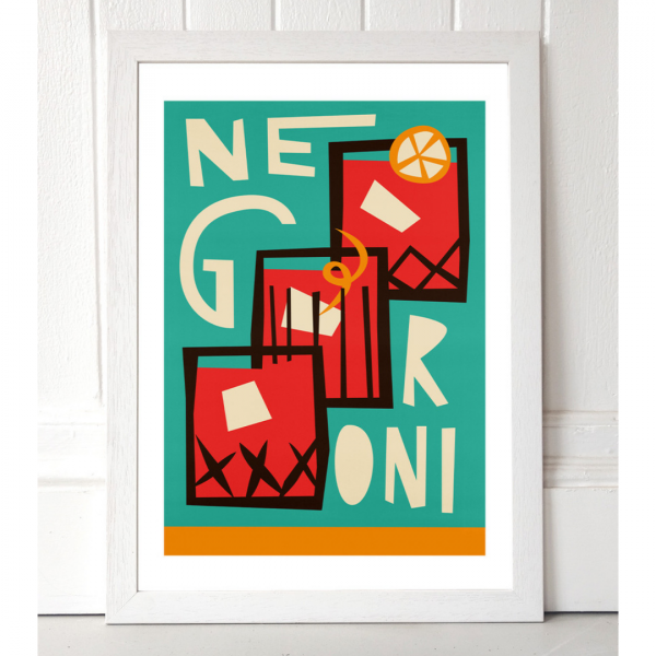 An A3 print with a bright blue background and 3 tumbler glasses on it with the words Negroni printed in white lettering.