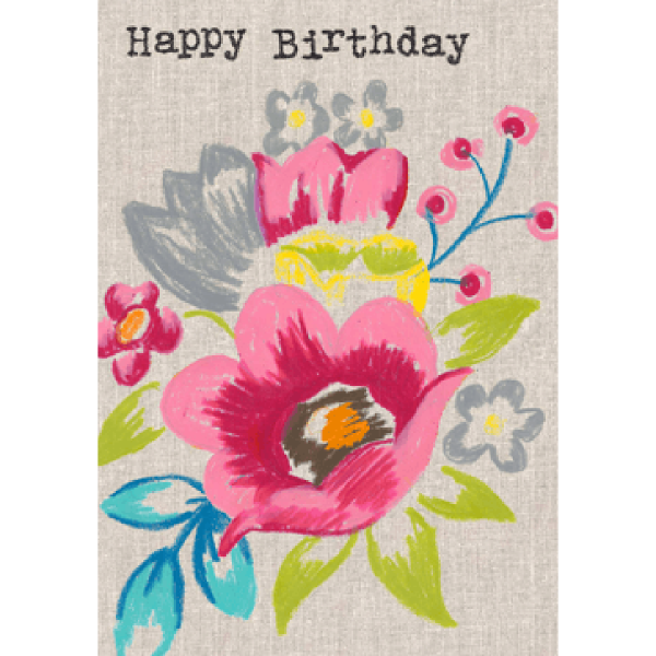 A lovely card with a grey linen look background and a floral design which has a colourful chalk effect. The words Happy Birthday are also written on the card.