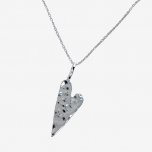 A beautiful long hammered heart pendant on a silver link chain.
