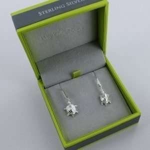 A lovely pair of sterling silver earrings with a turtle design on a drop hook.