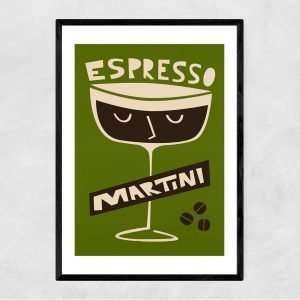 An A3 print with an olive green coloured background and a martini glass in the centre of it. The liquid in the glass is dark brown and has a face on it. The words Esspresso Martini are printed in white.
