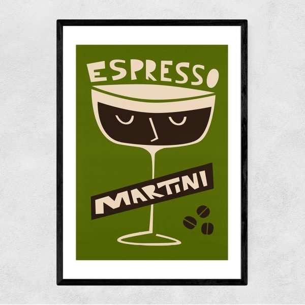 An A3 print with an olive green coloured background and a martini glass in the centre of it. The liquid in the glass is dark brown and has a face on it. The words Esspresso Martini are printed in white.