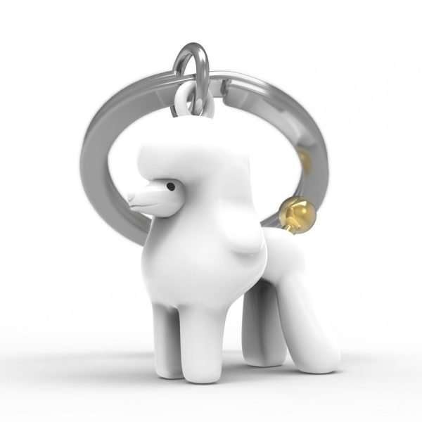 A sweet metal keyring with a white poodle on it