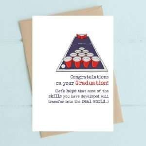 A graduation card with an illustration of beer pong.