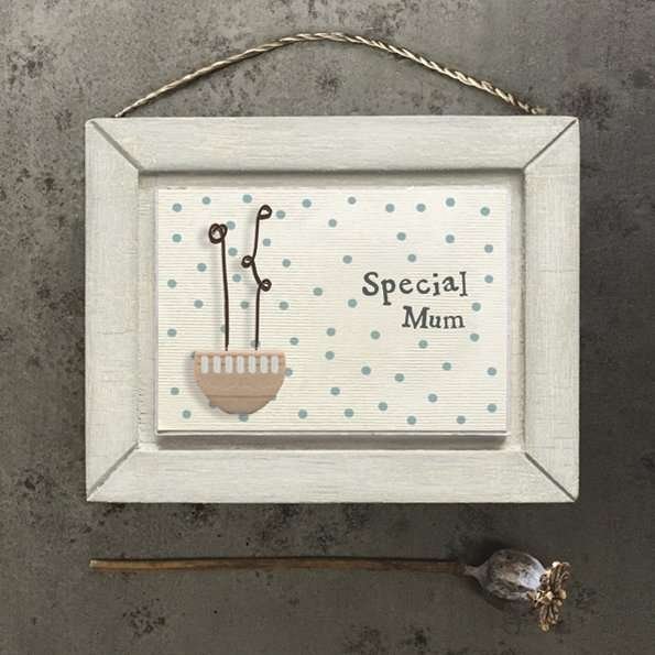A small wooden picture with a rope hanger with blue spots on a cream background and a flower pot made of wood and wire and the words special mum