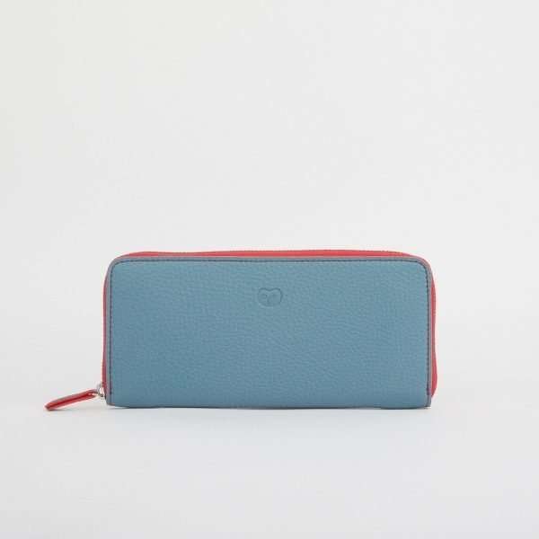A lovely teal coloured purse with sky red zip and coloured lining