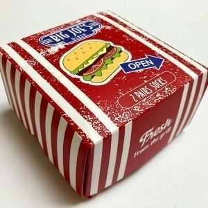 A fun pack of burger themed socks that are presented in a burger box including the wrap paper that burgers come in.