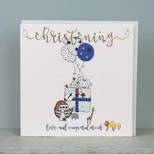 a lovely large card with an image of a blue present with balloons tied to it with a piggy bank sitting on it and a Noah's ark next to it The words Christening Love and Happiness are printed on the card.